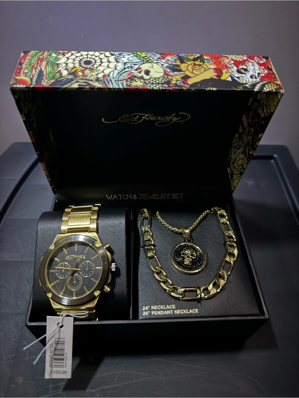 Ed Hardy Gold-tone Watch and Necklace Set with Black Dial